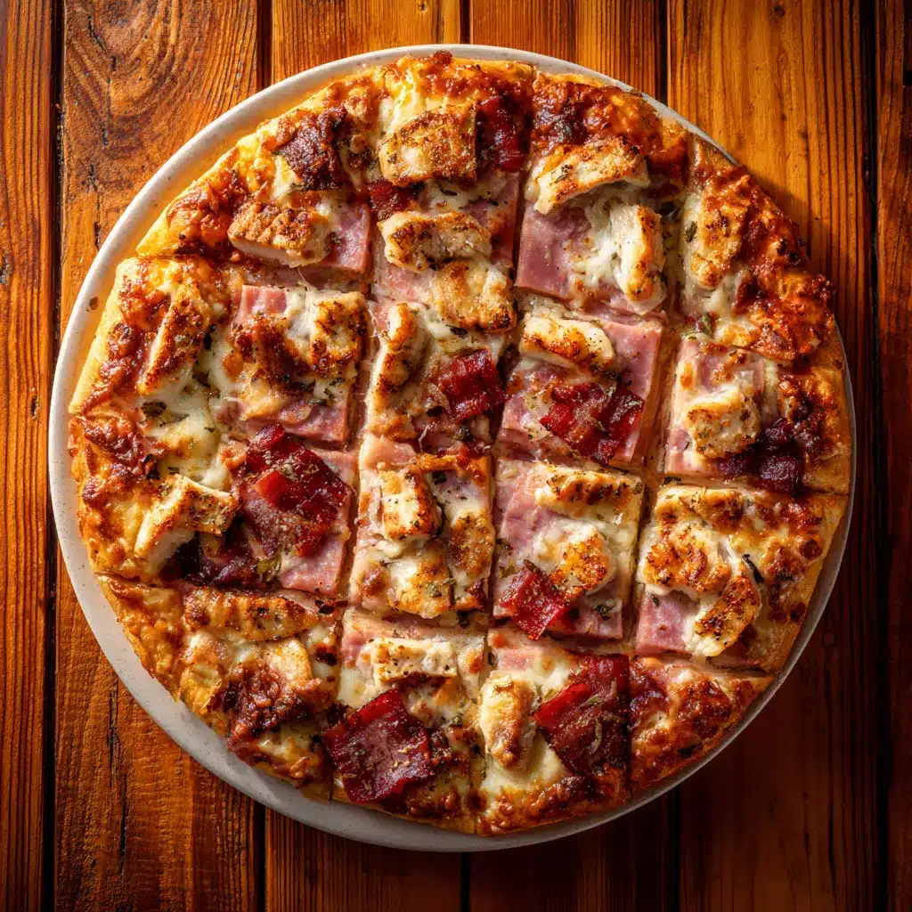 Sliced checkerboard pizza served with dipping sauces on a wooden board