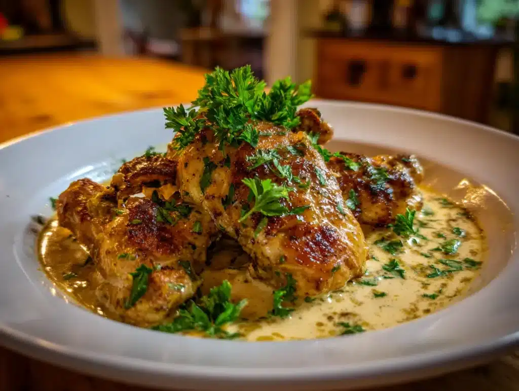 chicken king chicken served on white plate with creamy sauce