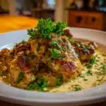 chicken king chicken served on white plate with creamy sauce
