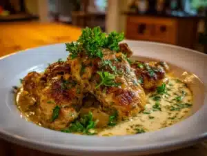 chicken king chicken served on white plate with creamy sauce