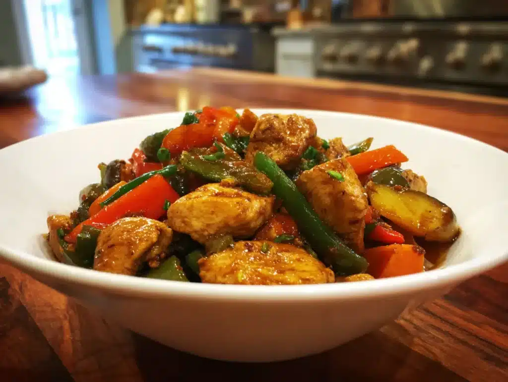 Chicken stir fry recipe in a bowl