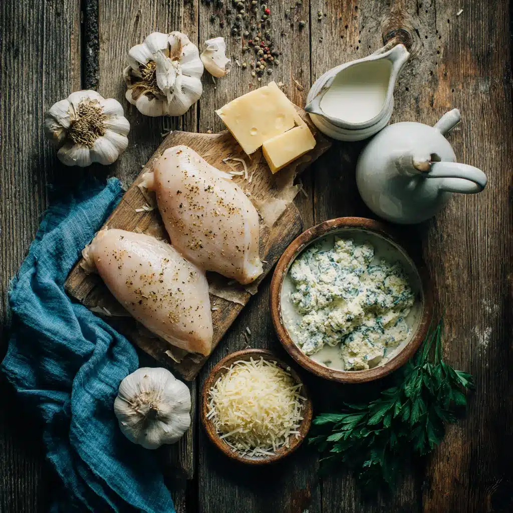creamy garlic chicken ingredients laid flat