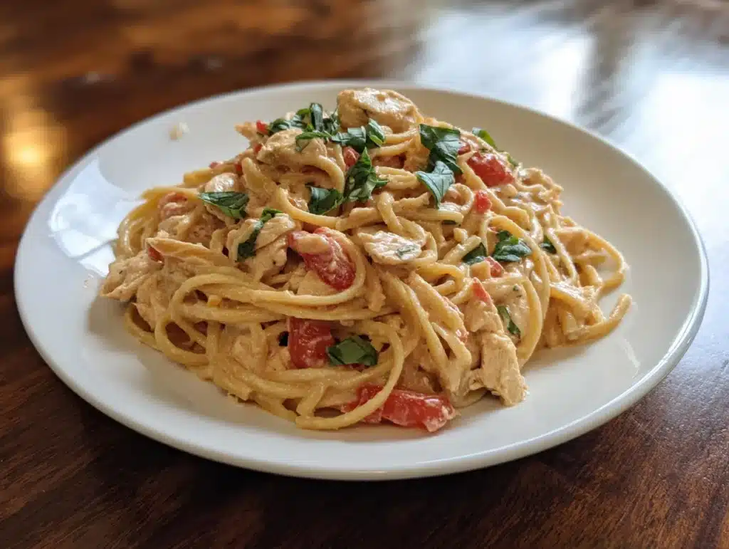Creamy Tomato Basil Chicken Pasta Keto in White Plate