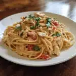 Creamy Tomato Basil Chicken Pasta Keto in White Plate