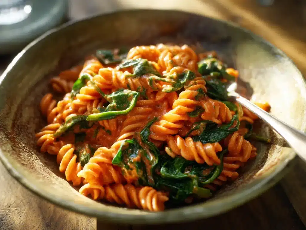 creamy tomato spinach pasta in rustic bowl