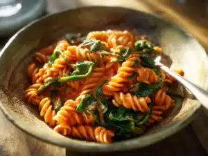 creamy tomato spinach pasta in rustic bowl
