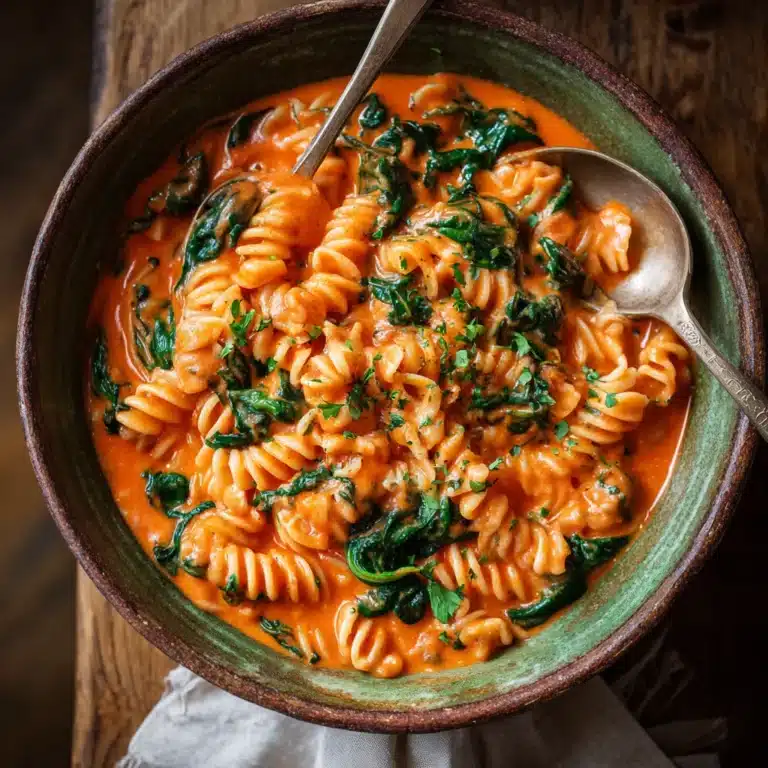 creamy tomato spinach pasta served with garnish