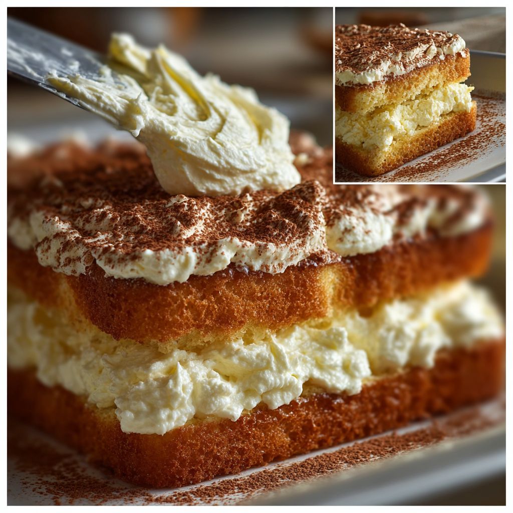 layering tiramisu with sponge and cream