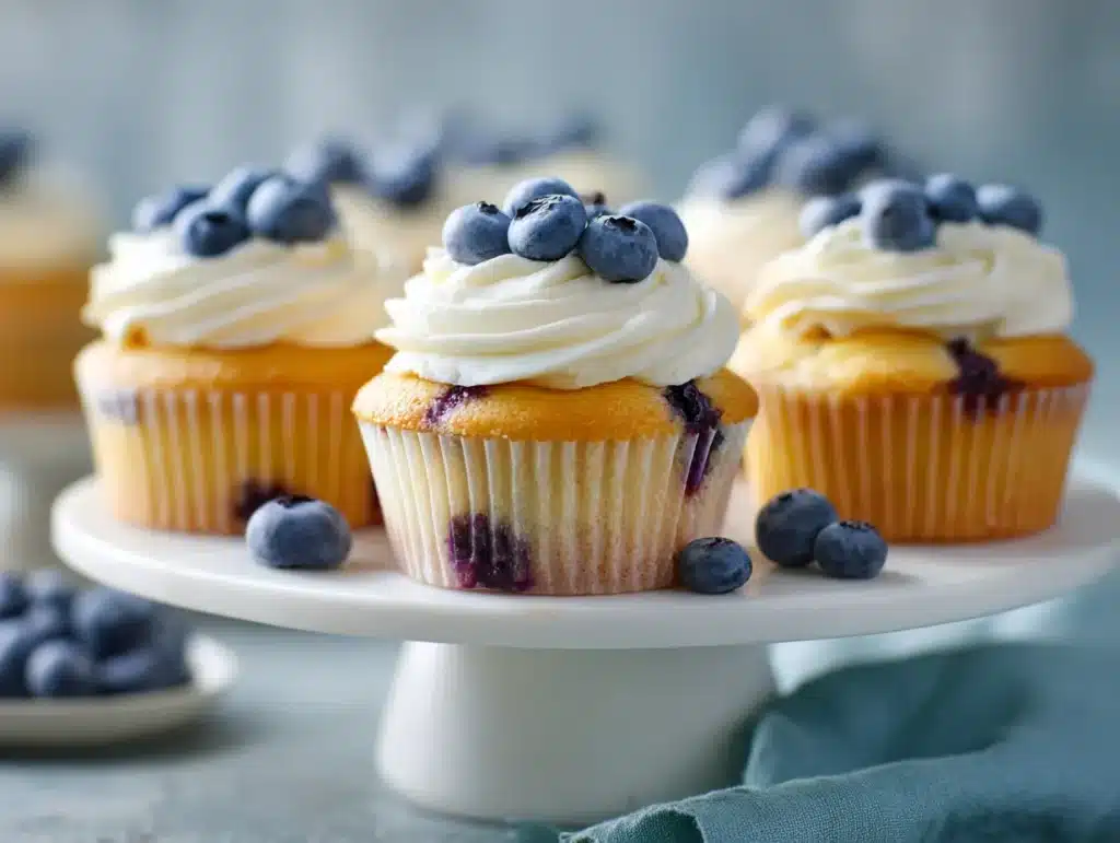 Fresh lemon blueberry cupcakes with frosting