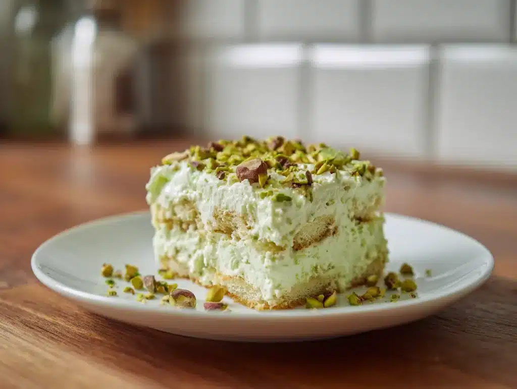 Homemade pistachio tiramisu on white plate