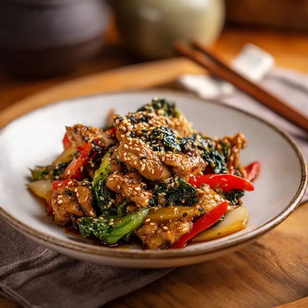 Plated chicken stir fry with sesame garnish