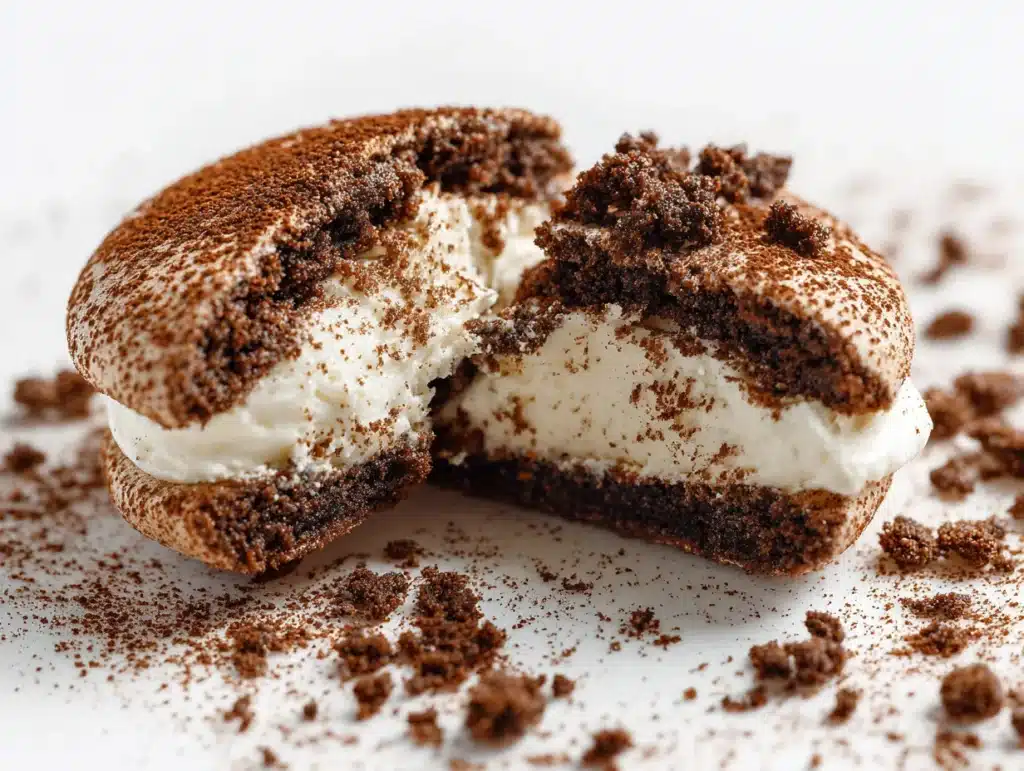 tiramisu cookies stacked on ceramic plate