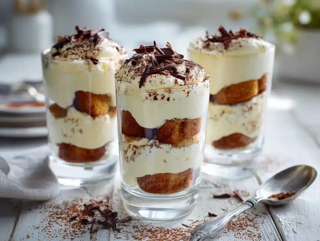 Tiramisu cups served in bright natural light