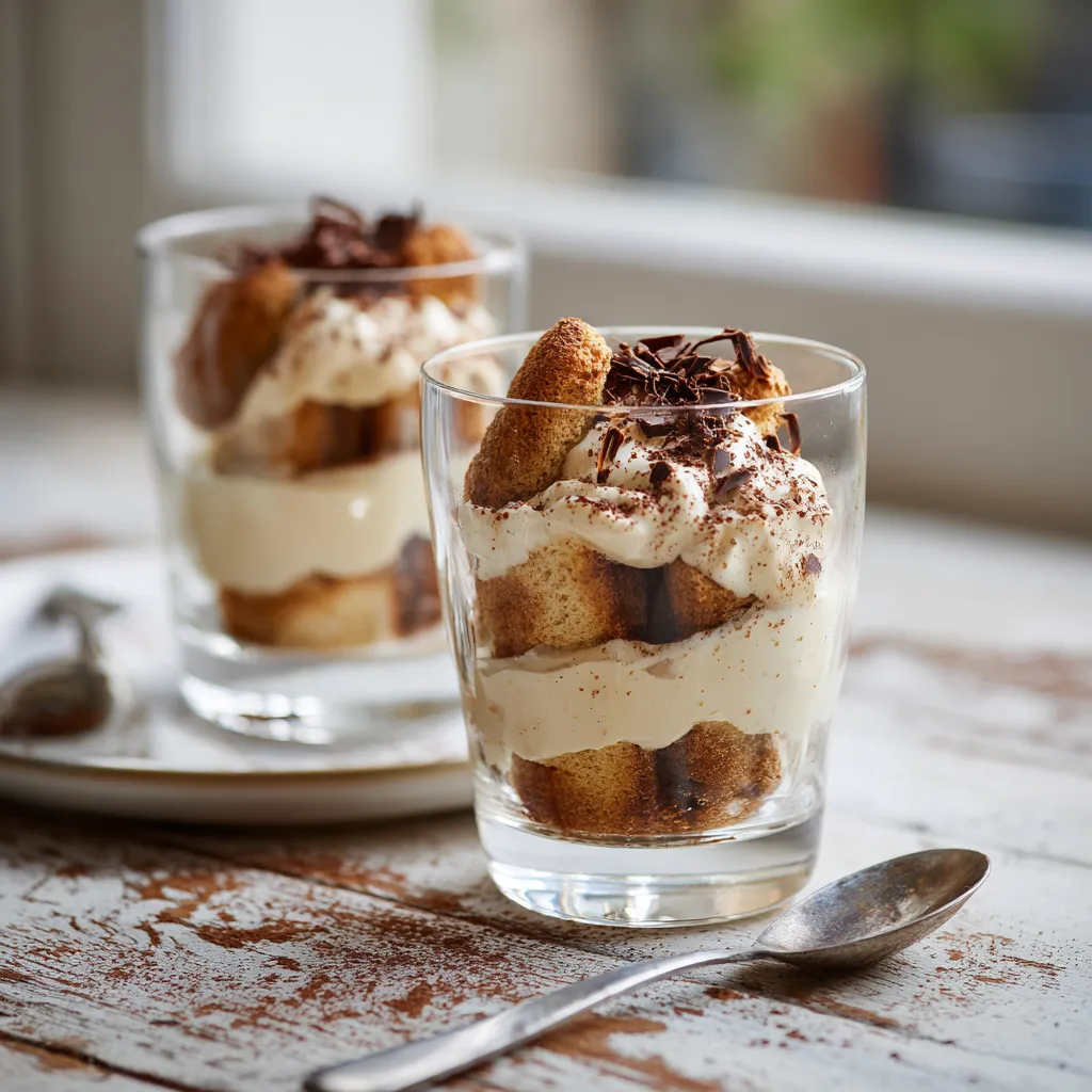 Served tiramisu cups with cocoa and chocolate