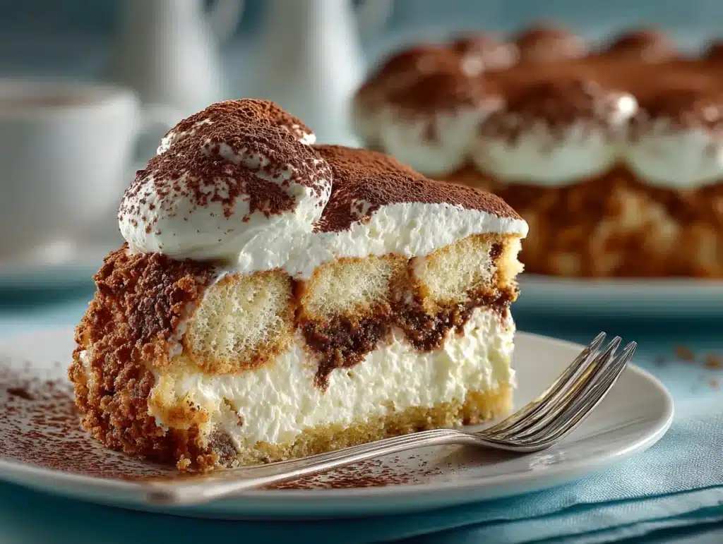 Tiramisu made with sponge cake in dish