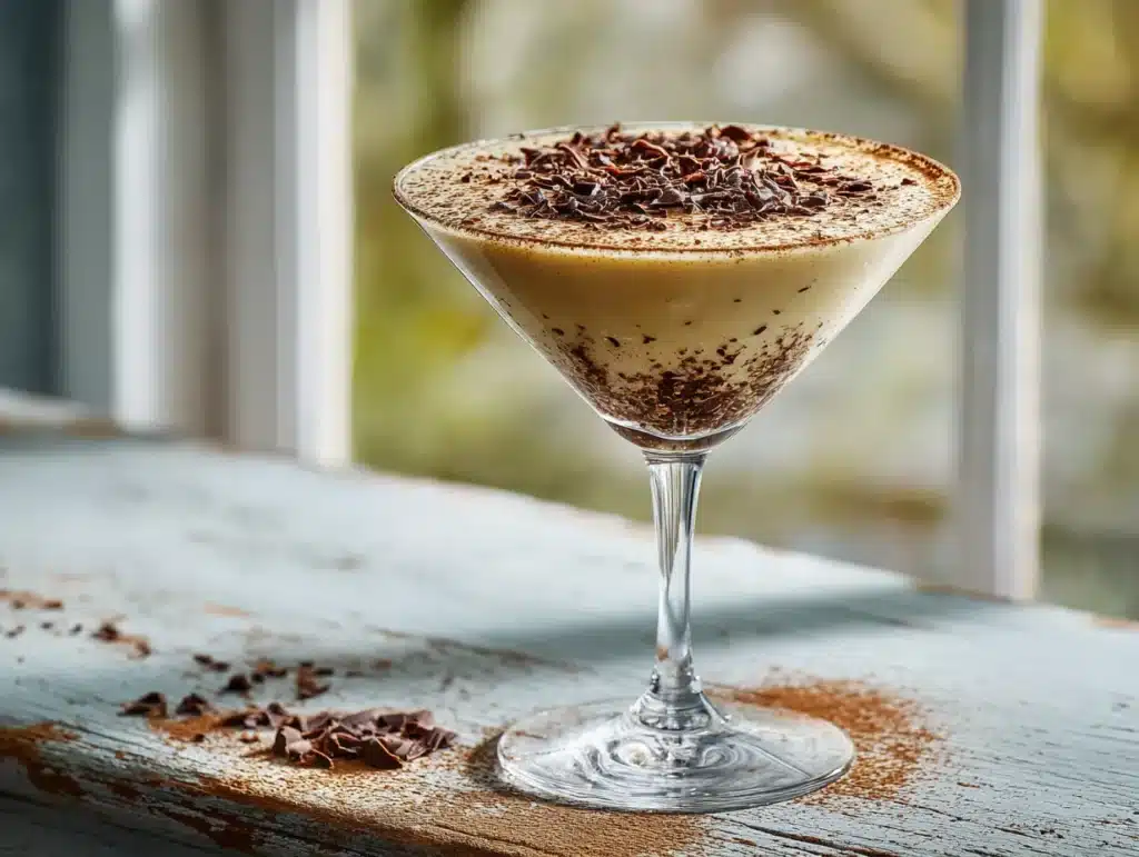 tiramisu martini served with a bright daylight background