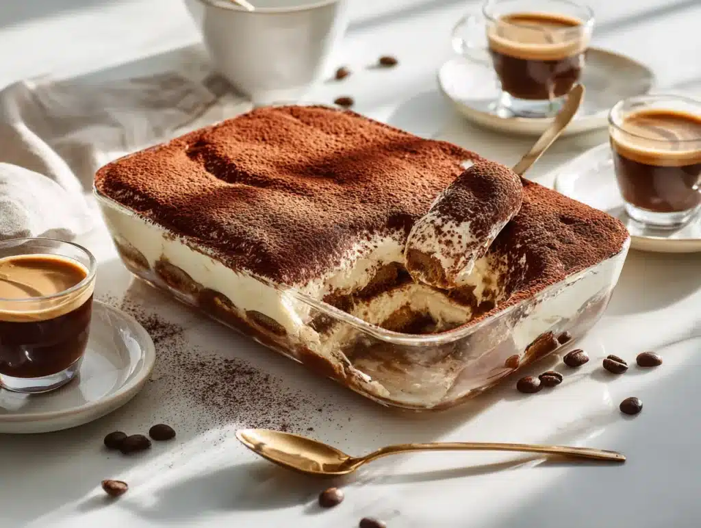 Traditional Italian tiramisu cake on wooden table