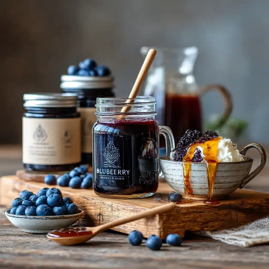 mason jar of blueberry syrup with yogurt and berries