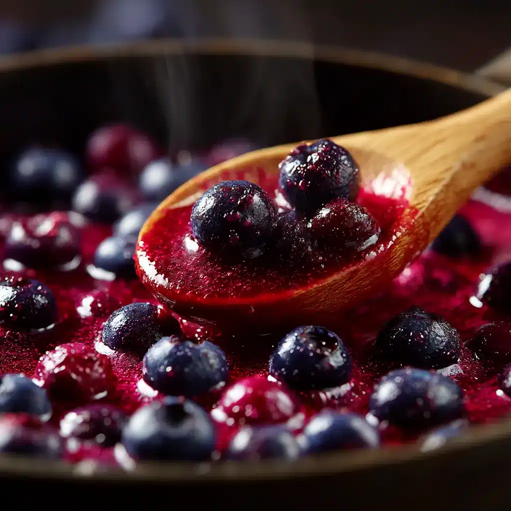 blueberries simmering into syrup in saucepan