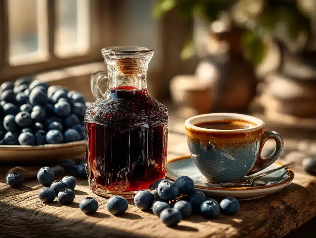 blueberry coffee syrup in glass bottle on rustic table