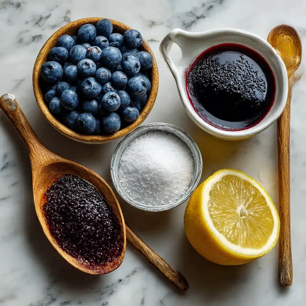 blueberry syrup ingredients on marble counter