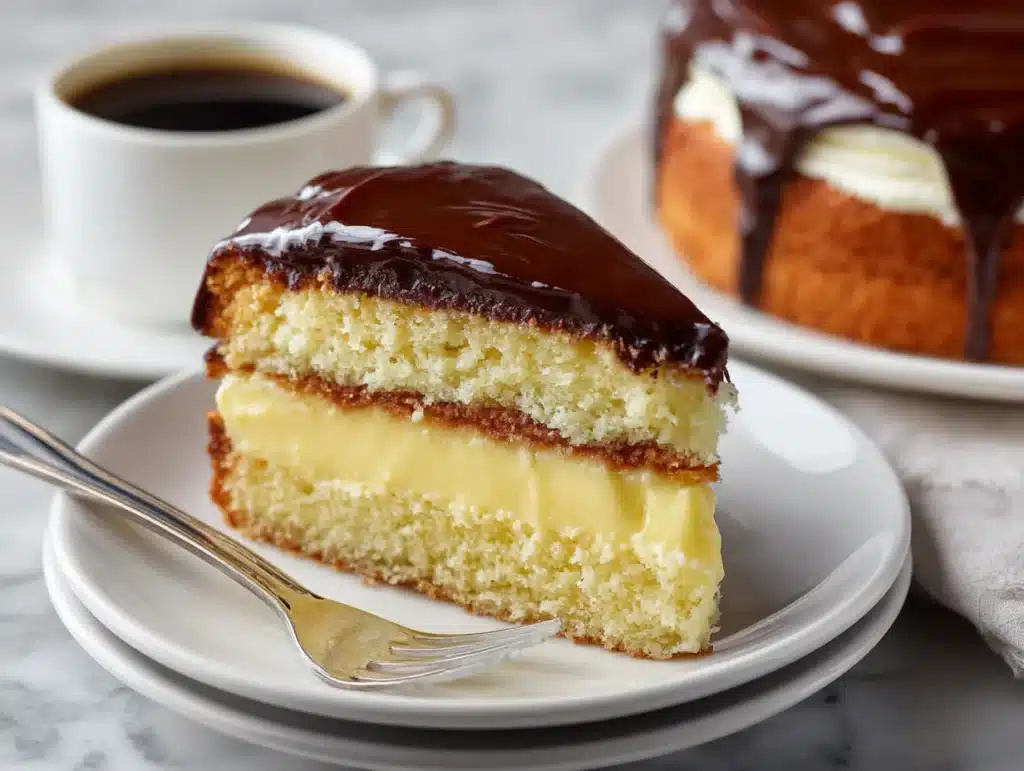 Boston Cream Pie with chocolate ganache and pastry cream filling