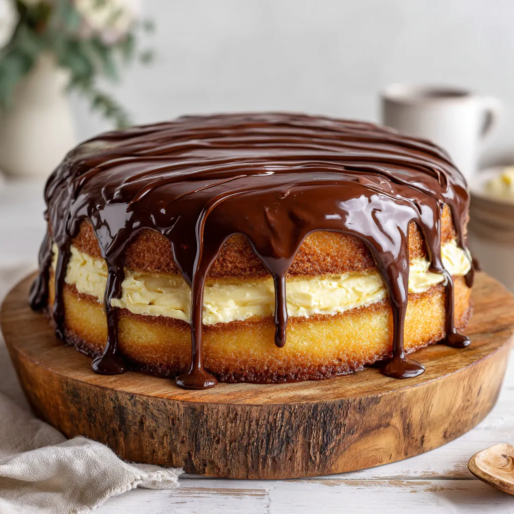 Slice of Boston Cream Pie with ganache topping and pastry cream