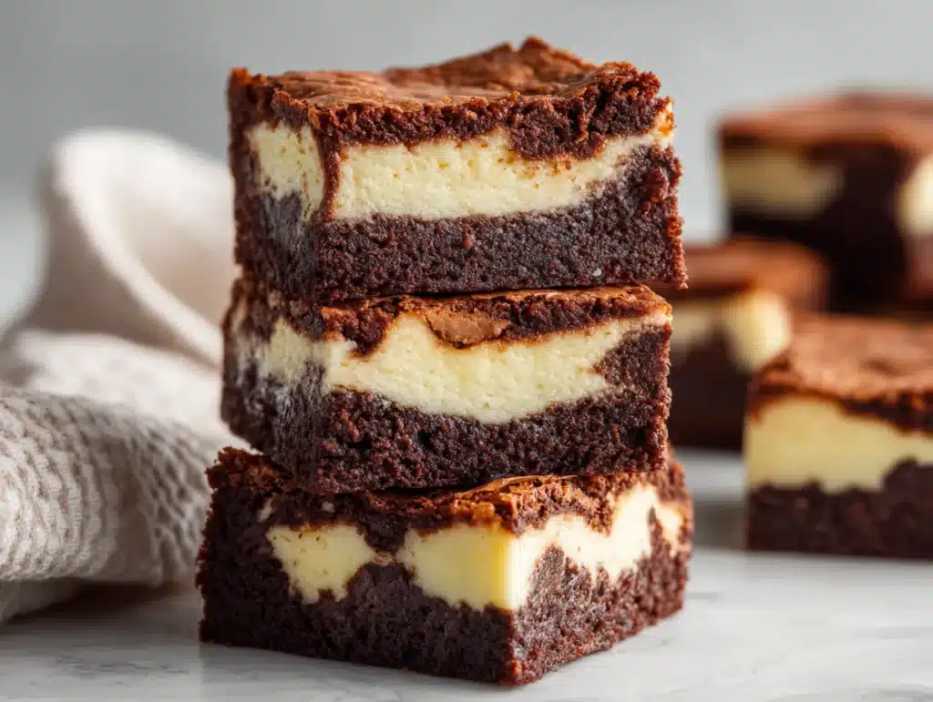 cheesecake brownies sliced on wooden table