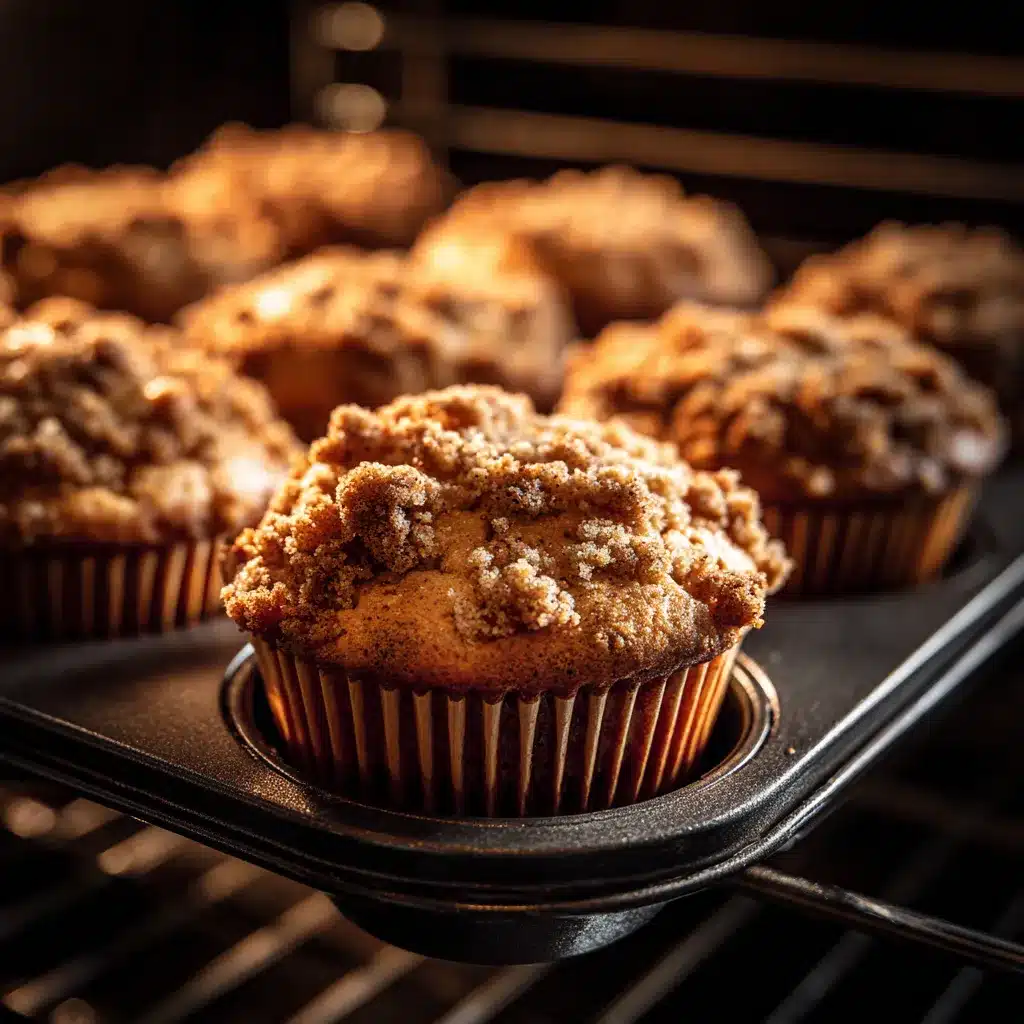 Cinnamon Roll Muffins baking in oven with streusel topping