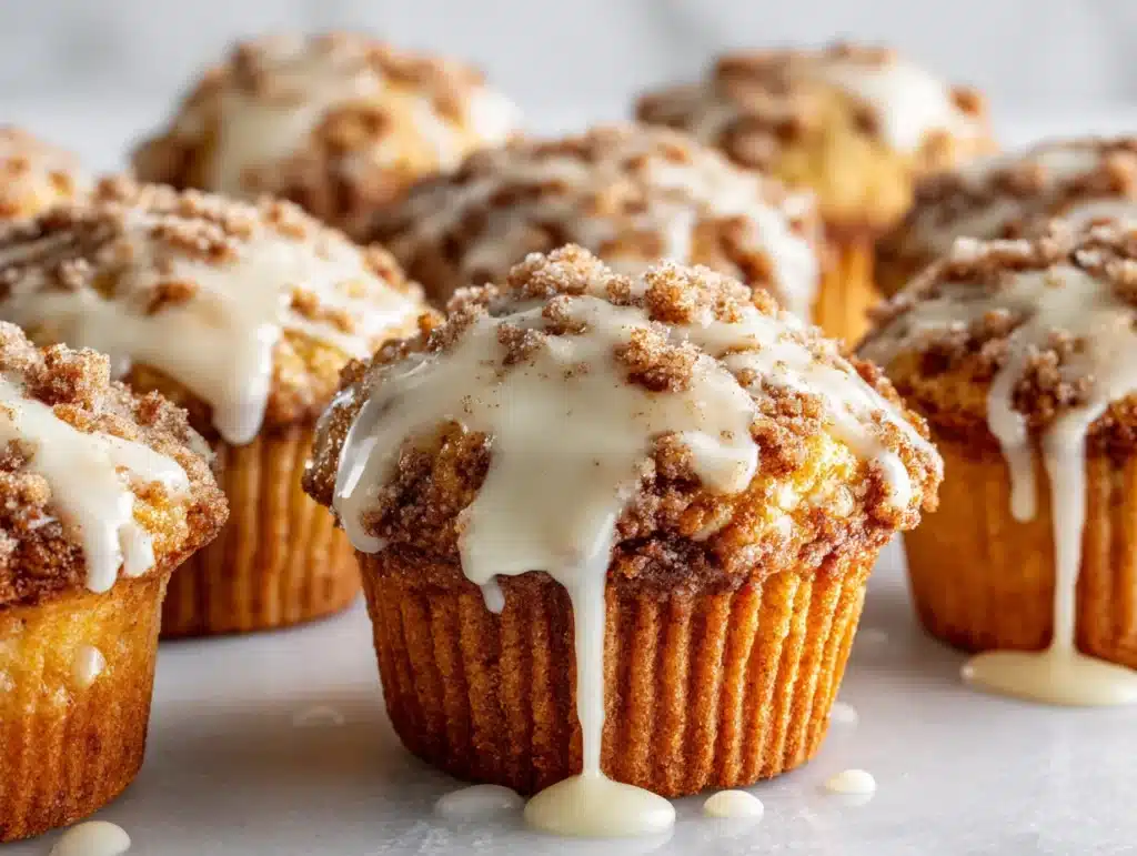 Cinnamon Roll Muffins with glaze and streusel topping