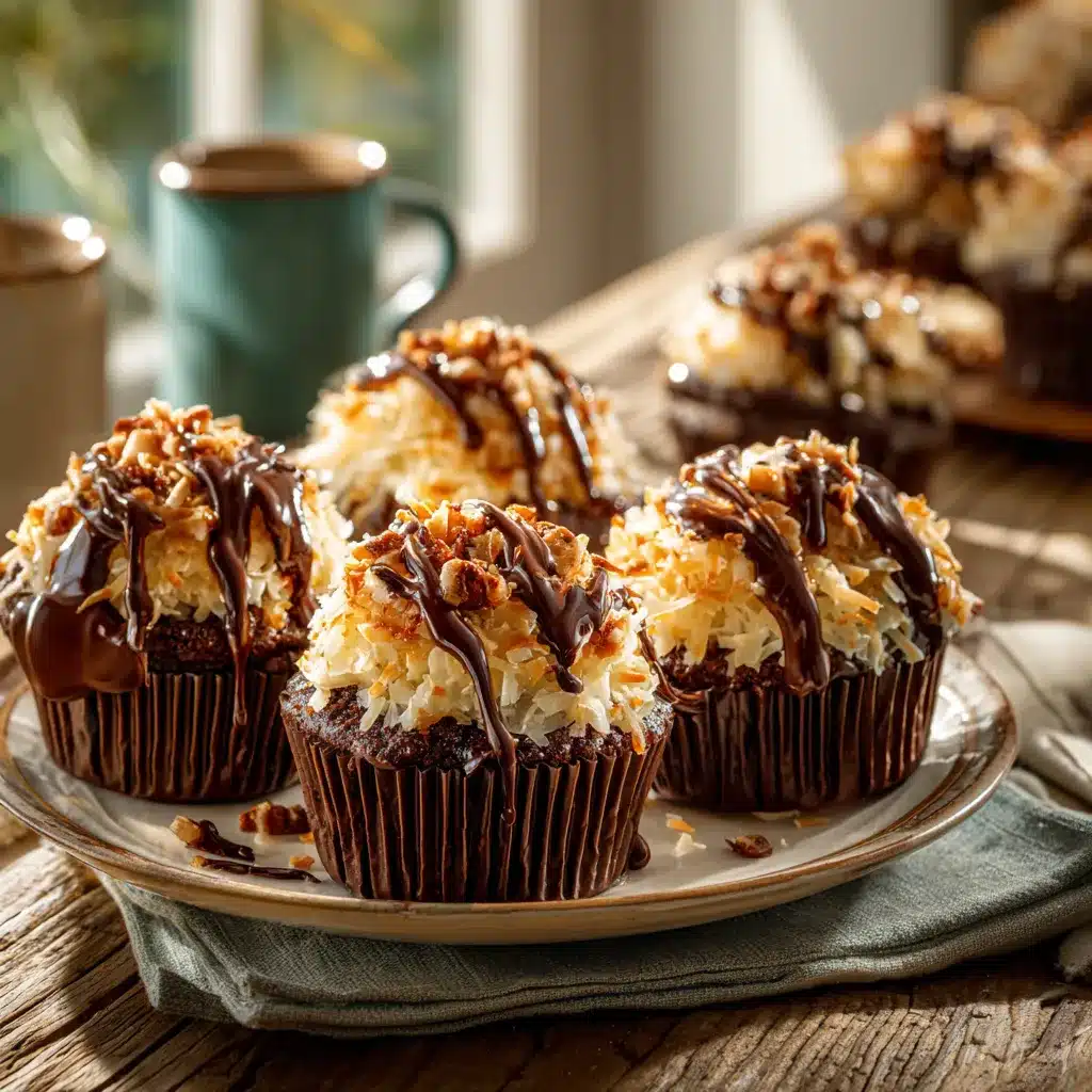 served german chocolate cupcakes with frosting and ganache