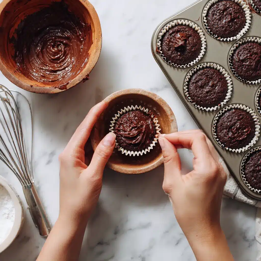 preparing german chocolate cupcake batter in liners