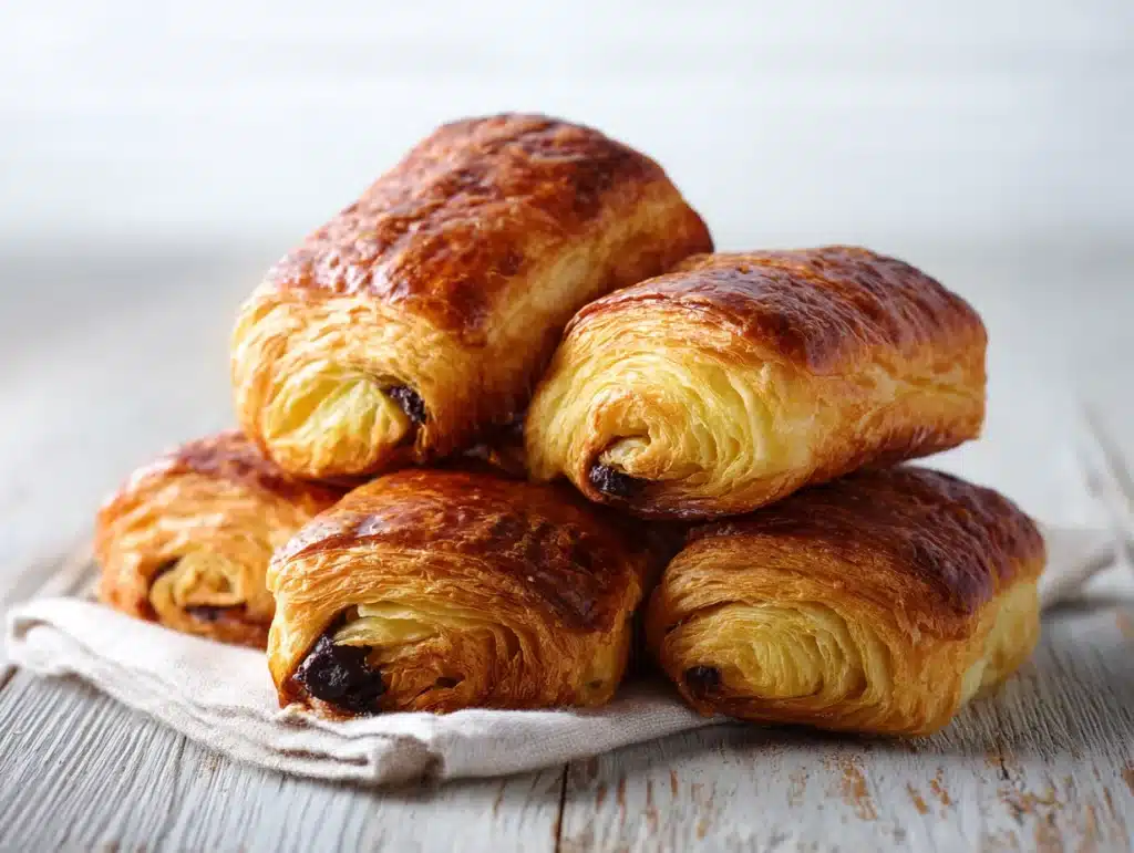 Fresh pain au chocolat on rustic table with flaky layers