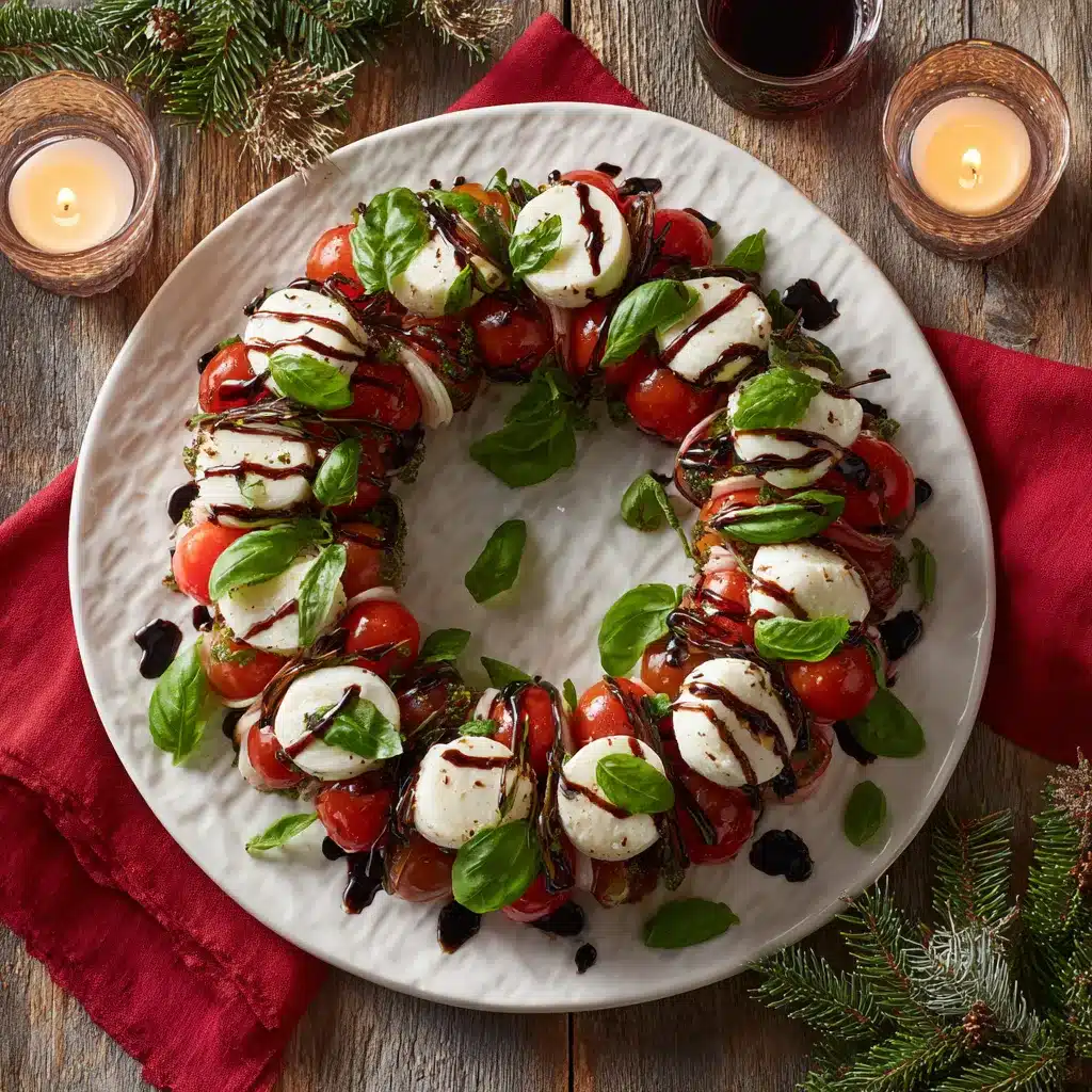 served candy cane caprese wreath on holiday table