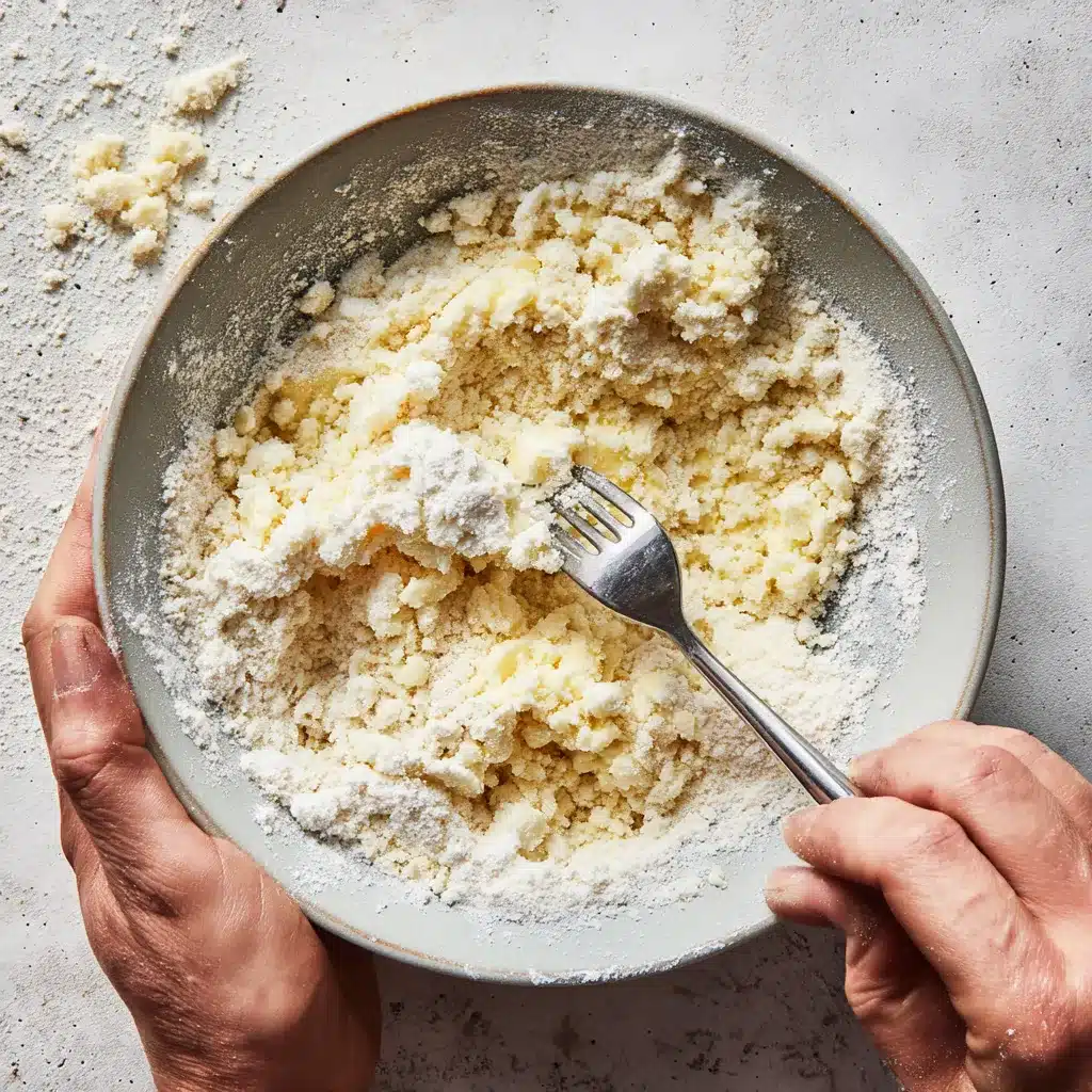 Mixing butter into streusel topping ingredients