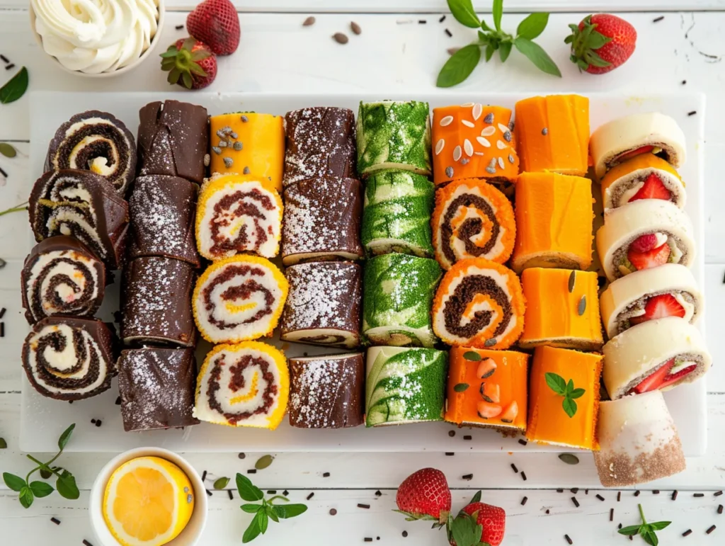Assorted cake roll recipes including chocolate, matcha, ube, strawberry and more on elegant serving tray