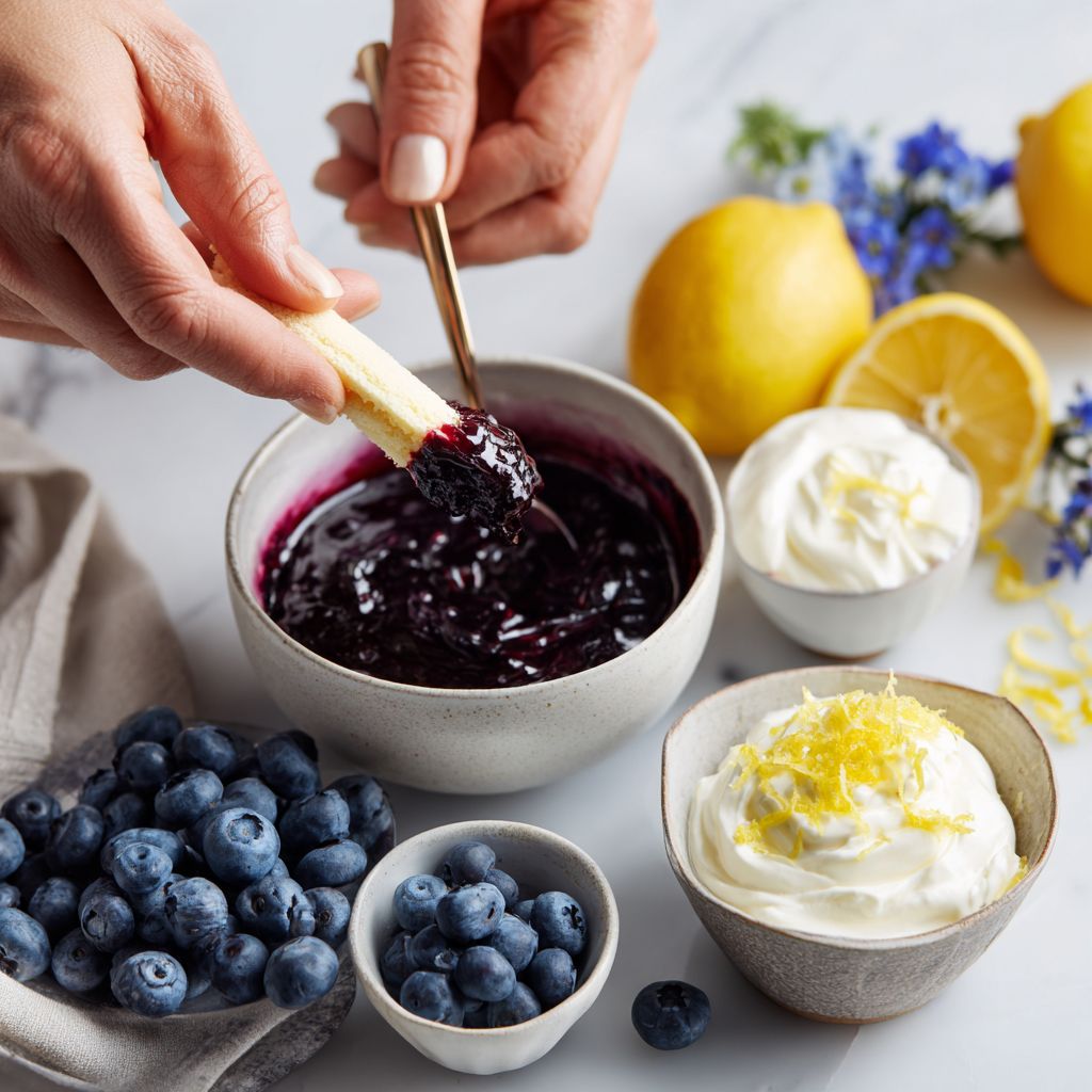 Whole blueberry tiramisu with blueberries and lemon zest