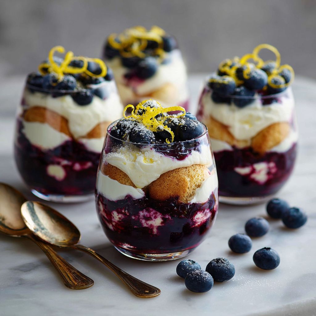 Preparing blueberry tiramisu with ladyfingers and blueberry syrup