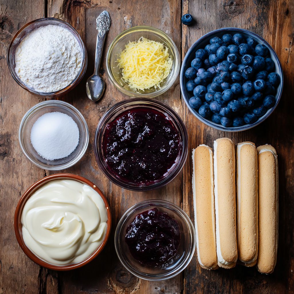 Slice of blueberry tiramisu with mascarpone cream and fresh blueberries