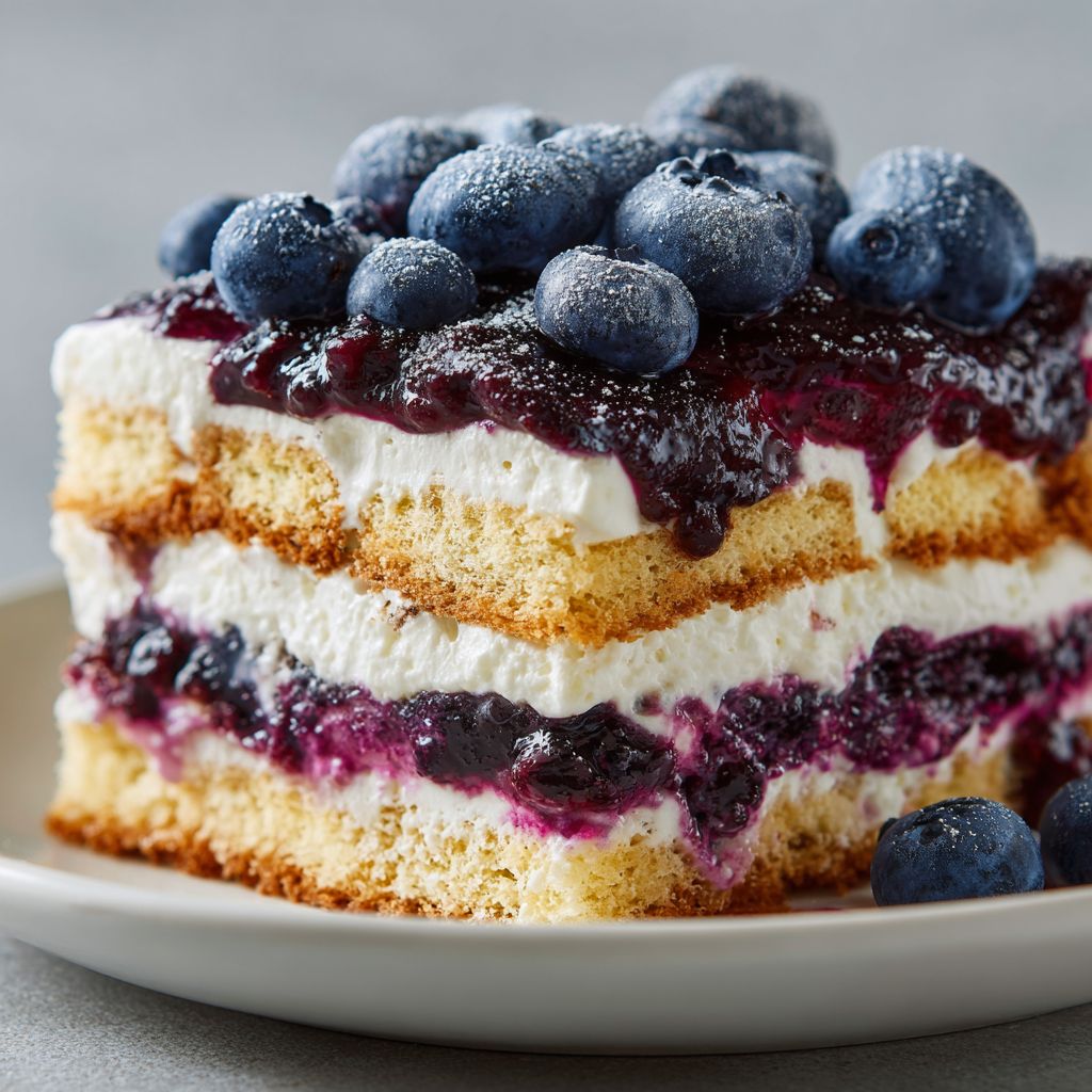 Blueberry tiramisu served at summer brunch with lemonade