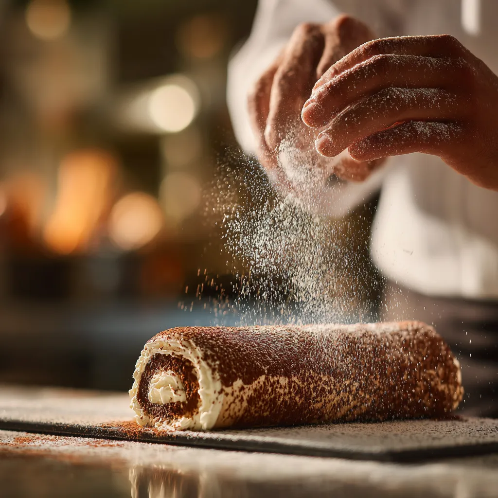 Tiramisu Cake Roll with creamy mascarpone filling and cocoa dusting on a white plate.