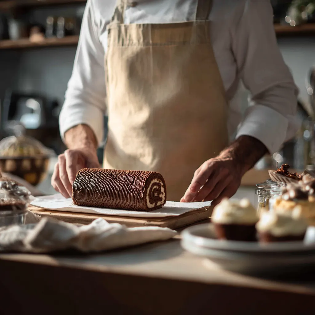 Chef James presenting a chocolate Swiss roll cake in the kitchen