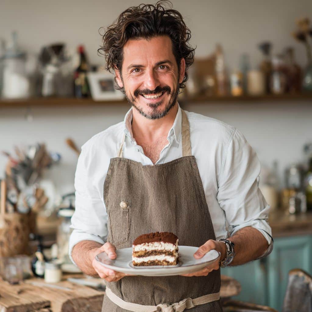 Chef presenting easy tiramisu recipe in his kitchen.