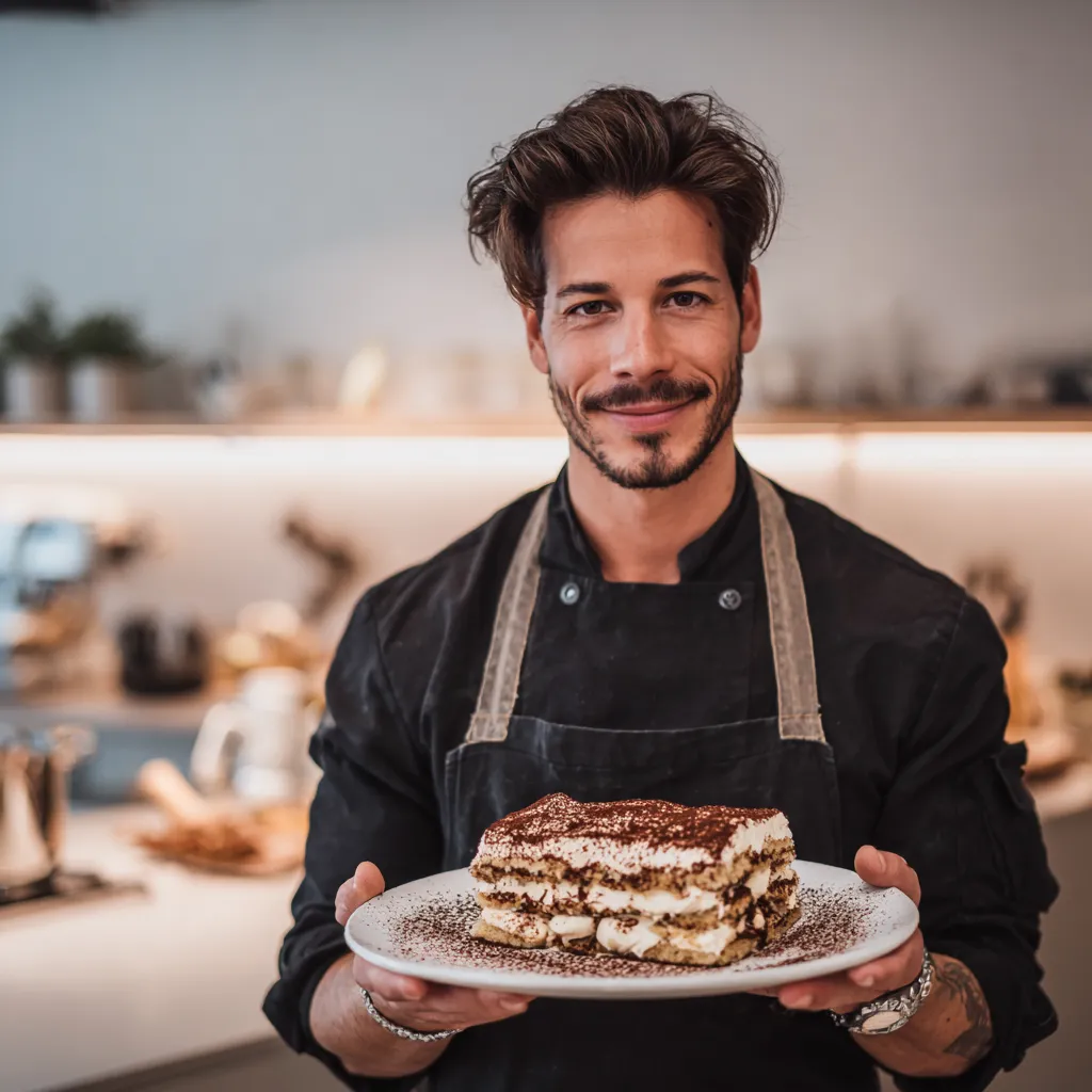 Chef presenting an ice cream tiramisu cake in the kitchen.