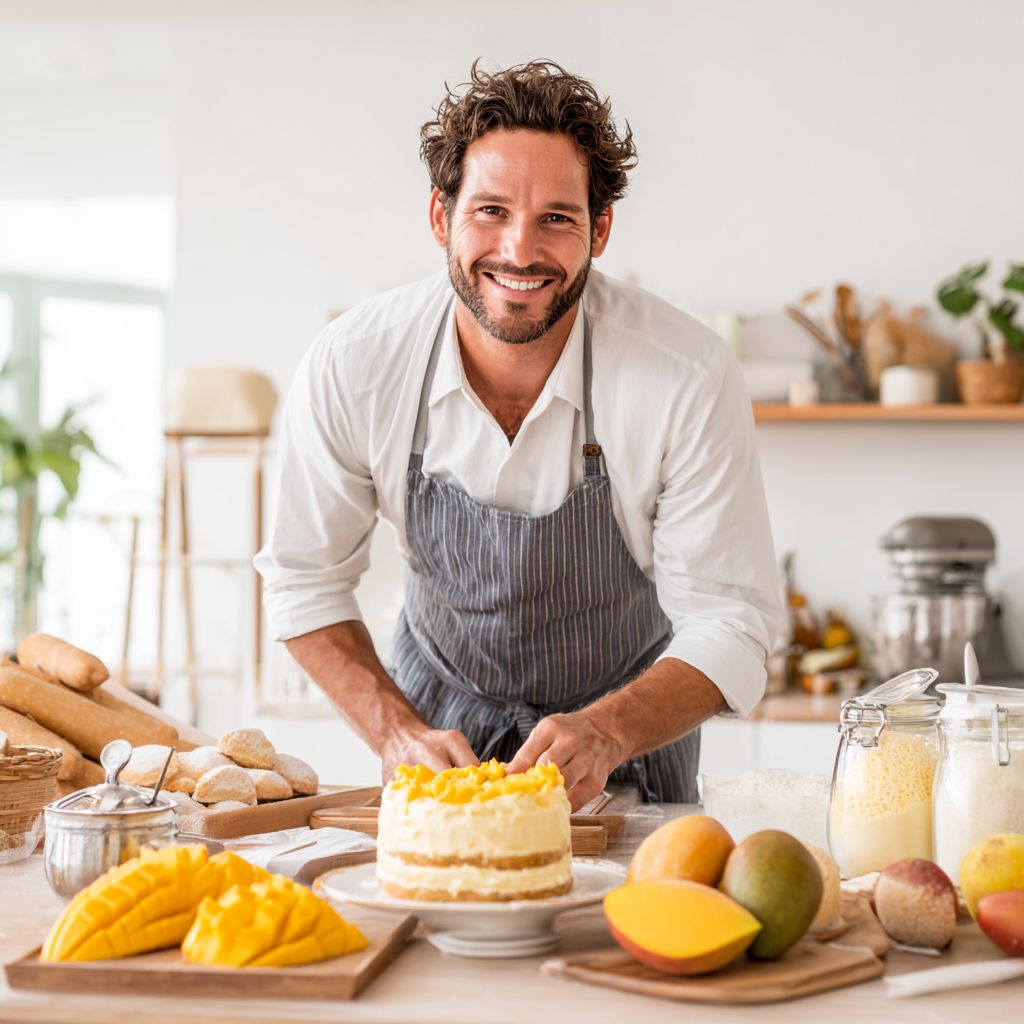Chef preparing mango tiramisu in a kitchen