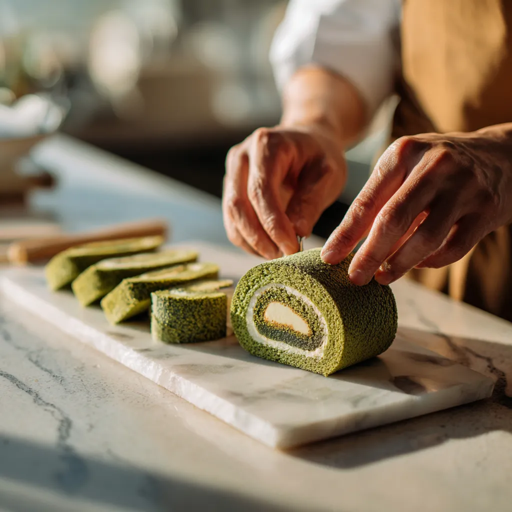 Chef James preparing Matcha Swiss Roll Cake in the kitchen