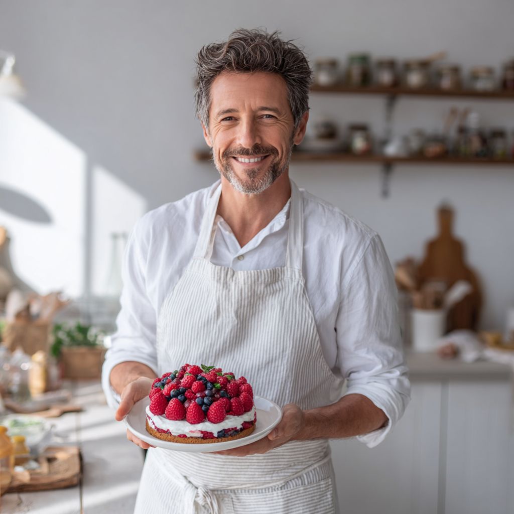 Chef James holding a mixed berry tiramisu in his kitchen.