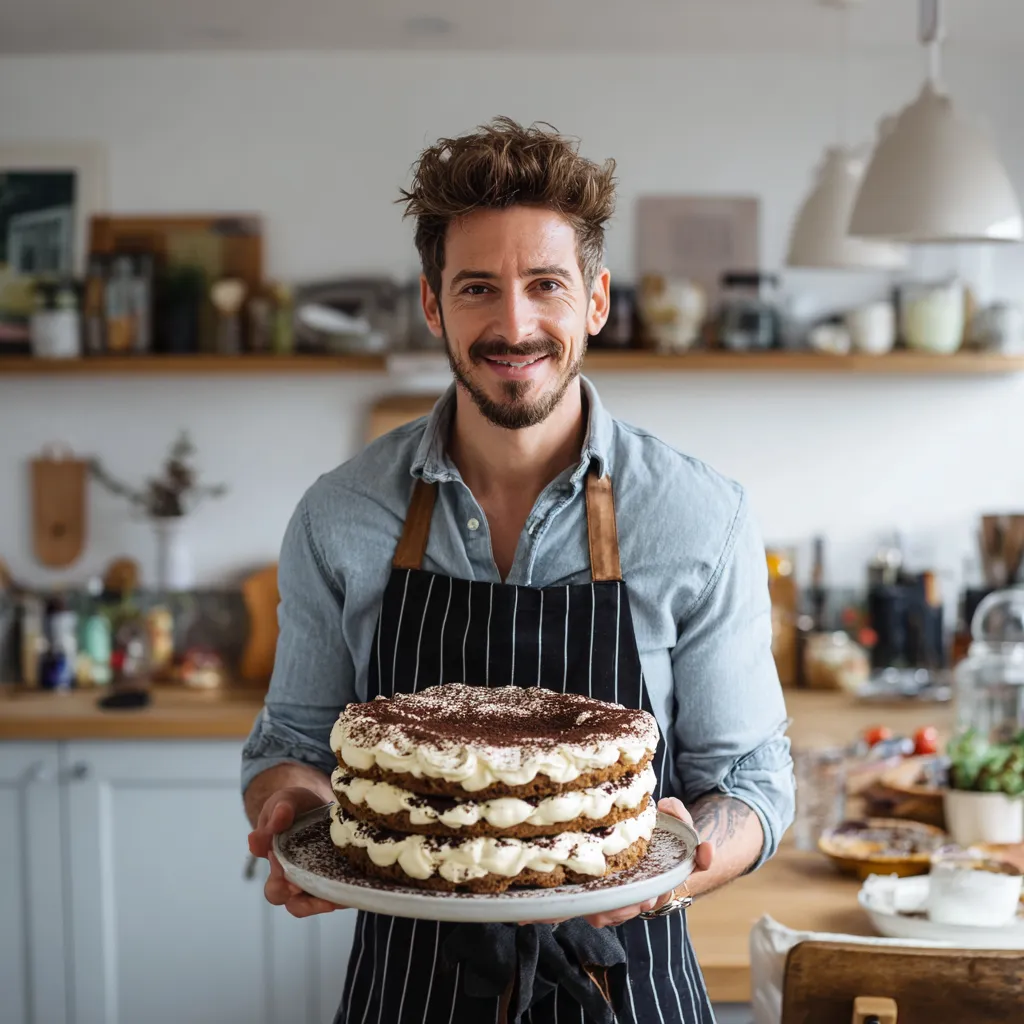 Chef James presenting a no-bake tiramisu cake in the kitchen.
