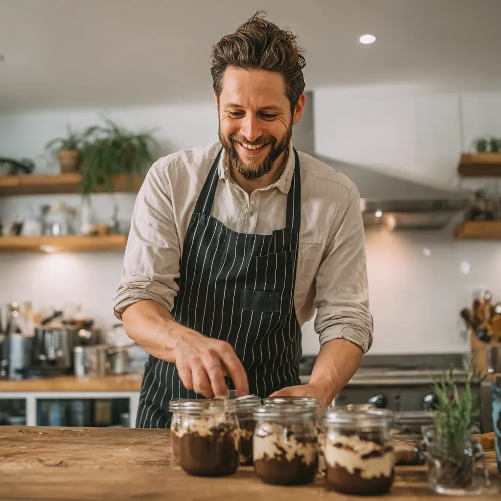 Chef preparing protein tiramisu jars in the kitchen.