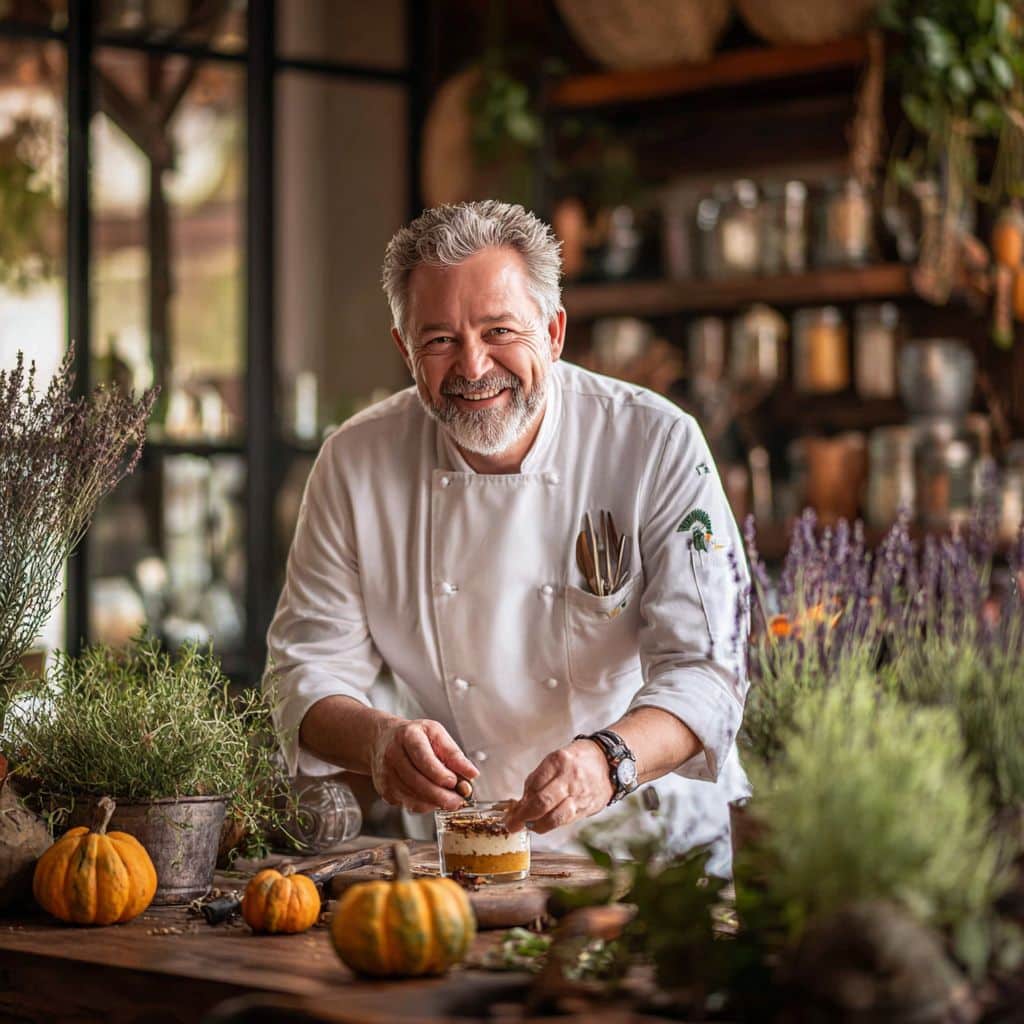 Chef James presenting Pumpkin Tiramisu in his kitchen